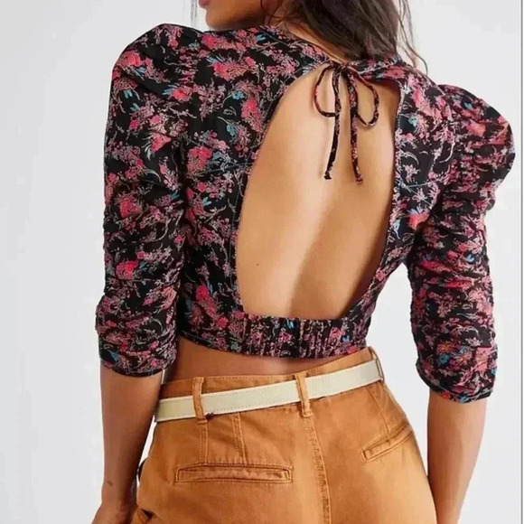 Free People Monica Top, Floral Open Back Puff Sleeve Cinched Waist Blouse Med - Picture 4 of 16